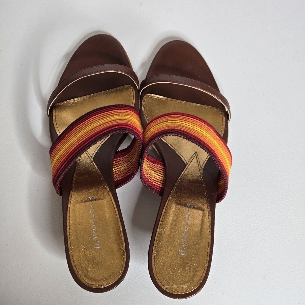 Pancaldi 1888 Italian Brown Red Orange Yellow Kitten Heel Slip On Sandals Sz 9 - Picture 4 of 10